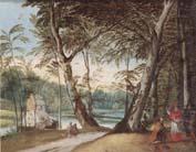 A wooded landscape with a beggar kneeling before a cardinal, unknow artist